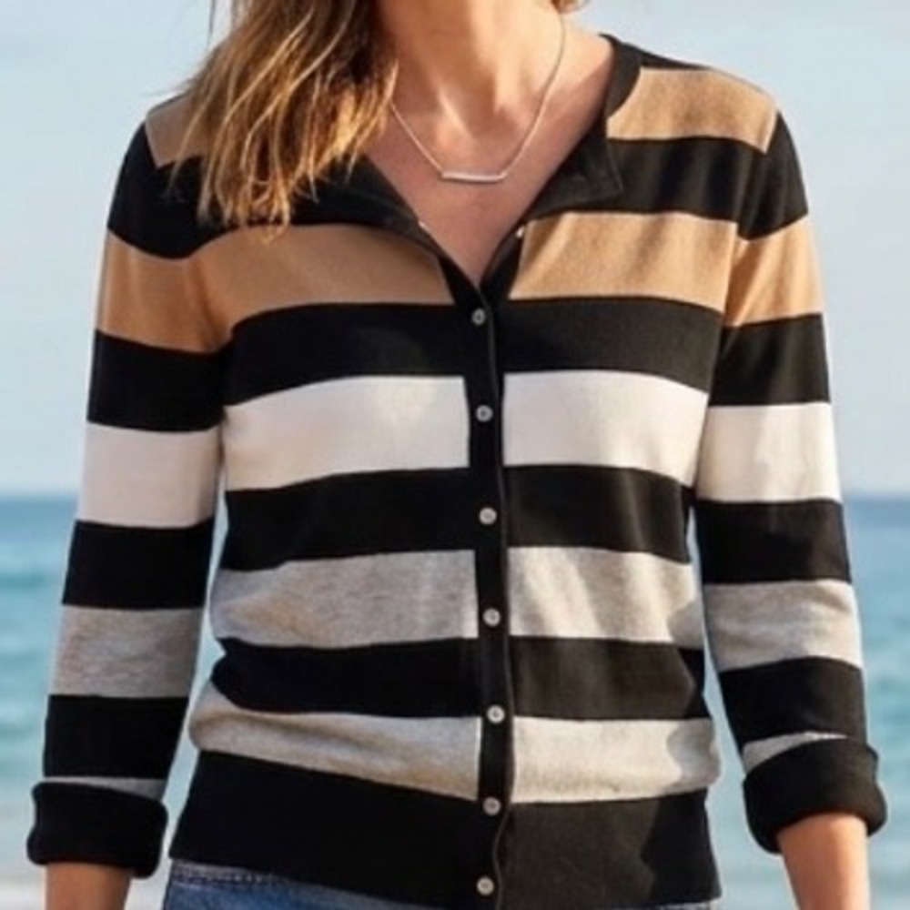 Copenhagen Striped Button Front Cardigan Sweater Size L Preppy Classic Quiet Lux